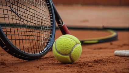 Close up of Tennis racket and ball on clay court.