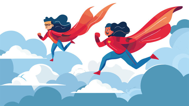 Super hero business man  woman in red capes flying 