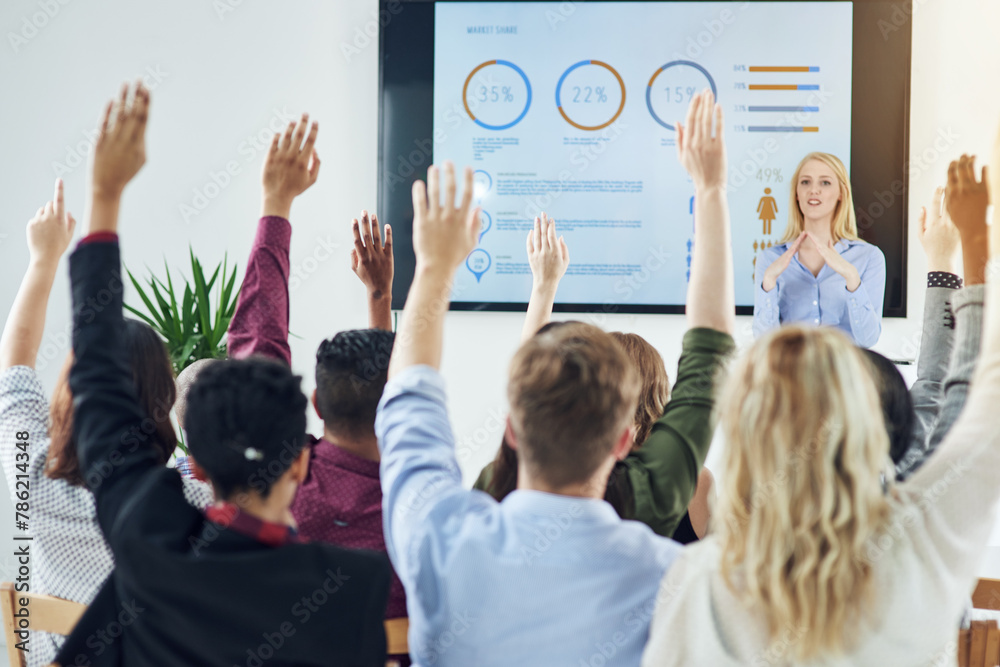 Poster businesspeople, hand and office with meeting for presenting with strategy for employee with charts i