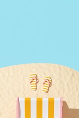 Summer vacation concept. Aerial view of beach chair and pair flip flops on sandy coastline. Tropical background for postcard, poster, promotion of summer goods. 3D illustration, copy space, render.