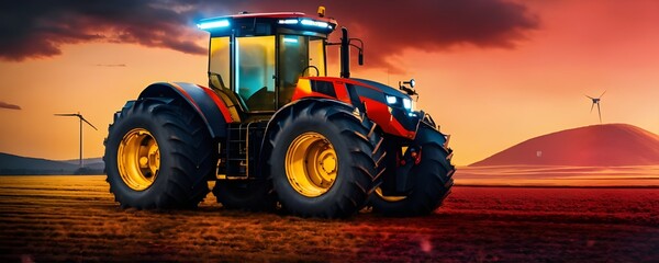 A futuristic Techno Machinery tractor logo.a 1960s Massey Ferguson tractor driving through a field...