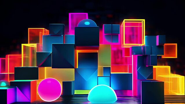 Geometric figures in neon colors. Glowing shining futuristic composition