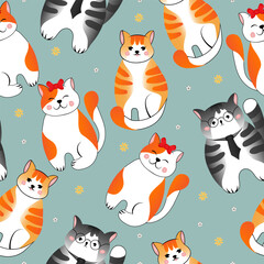 Seamless pattern with many different  red, grey cats on green background. Vector illustration for children.