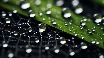 Close Up of Water Droplets on a Green Leaf. Generative AI.