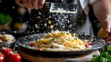 Italian Culinary Mastery: Chef's Hand Grating Parmesan on Pasta - 786214792