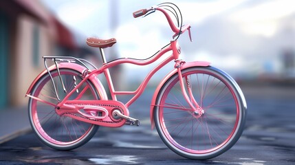 Pink bicycle parked on roadside with shiny wheel and frame