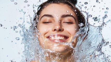 Happy woman splashing water on face with eyes closed in the summer sunshine