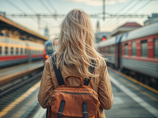young blonde girl in a leather jacket and backpack seen from behind on the platform of a train station on a beautiful morning, commute public transport 