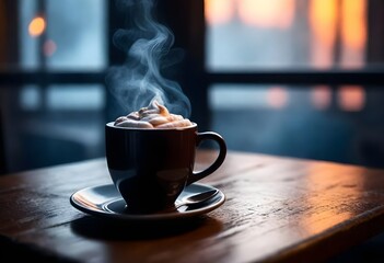 A Steaming Mug Of Hot Cocoa On A Cozy Cafe Table