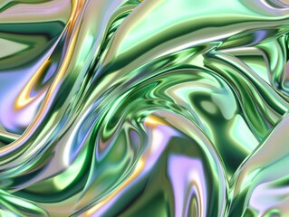 Shiny Metallic emerald green abstract wavy liquid holographic background