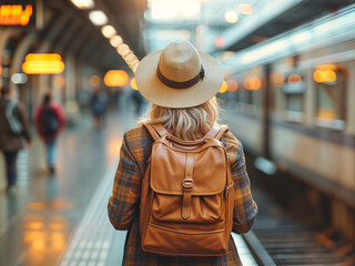 blonde middle aged woman wearing a hat and a jacket and backpack seen from behind on the platform of a train station on a beautiful morning, commute public transport 