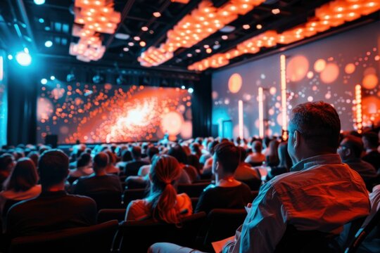 Diverse audience in auditorium watching presentation on stage at conference or event