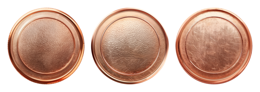 Set of realistic blank copper coins or medals isolated on white, empty metallic token template