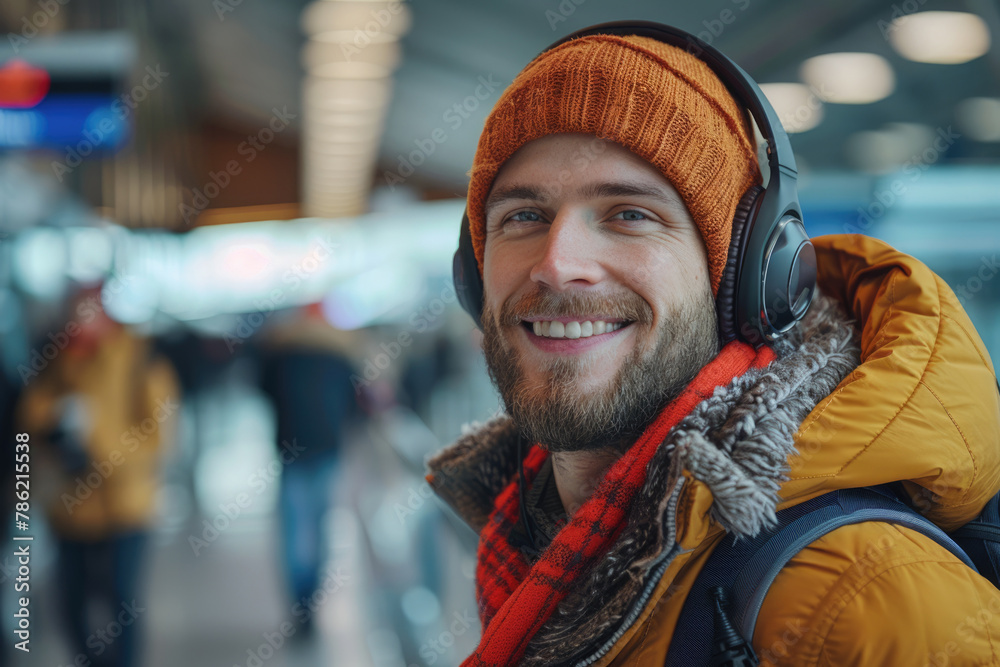 Wall mural happy man in bright comfy clothes and headphones in the airport using smartphone. ai generated