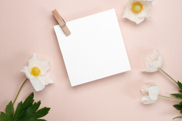 Flowers composition of Anemone flowers and blank square card for text on a beige background. Mothers day, womens day concept. Flat lay, top view. Space for text. Mock up.