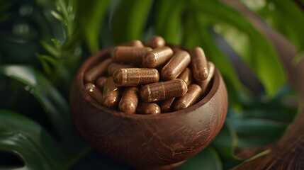 Organic Supplement Pills and Powder in Wooden Bowl for Natural Wellness - 786215578