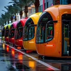 A row of colorful, self-driving electric buses lined up at a futuristic transportation hub.