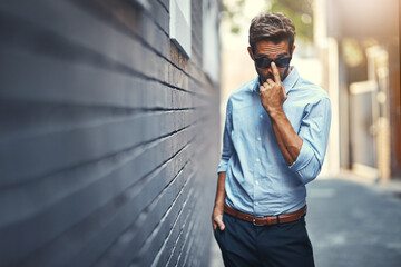 Business, portrait and man in street with sunglasses, confidence and office fashion for...