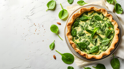 Top-View of a French Spinach Quiche, a Healthy Vegetarian Dish. Generative AI - obrazy, fototapety, plakaty