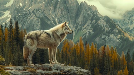 Grey wolf closeup portrait in the mountains with forest