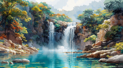 watercolor painted illustration of a waterfall