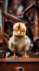 A portrait of a chick surrounded by rusted metal 