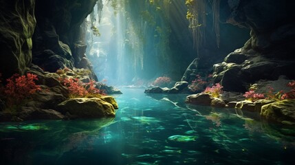 A serene lagoon nestled between towering cliffs, adorned with colorful aquatic creatures - obrazy, fototapety, plakaty