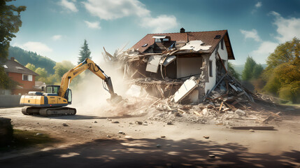 Demolition of building. The excavator breaks the old house. Freeing up space for construction of new building - obrazy, fototapety, plakaty