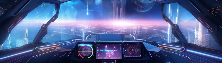 Illustrate a futuristic cockpit with holographic displays and a rainbow of colors - obrazy, fototapety, plakaty