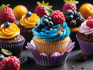 Cupcakes with cream and fruits