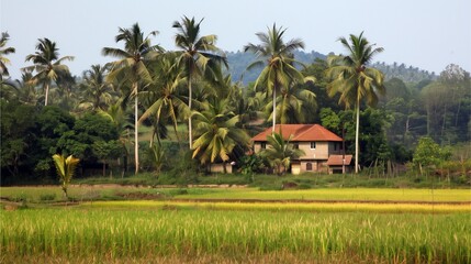 Fototapeta premium Rice fields and terraces on a tropical island with palm trees, beaches, and clear blue skies