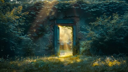 A symbolic image of a door ajar,  inviting viewers to step into a world of environmental stewardship - obrazy, fototapety, plakaty