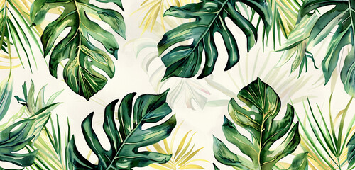 Abstract art tropical leaves background vector. Wallpaper design with watercolor art texture from palm leaves, Jungle leaves, monstera leaf, exotic botanical floral pattern - obrazy, fototapety, plakaty