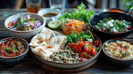 Obraz premium Authentic Middle Eastern falafel and pita bread platter with variety of fresh salads