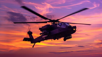 A dynamic angle capturing the Apache ascending into a sky painted with streaks of orange and purple, its formidable presence a stark contrast to the peaceful close of the day.