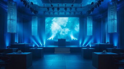 Modern event hall with vibrant blue lighting and digital screens - obrazy, fototapety, plakaty