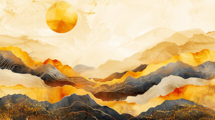 Golden sun over abstract ink-painted mountains in warm tones