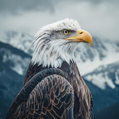 Majestic eagle staring regally with snow-capped mountains in the backdrop - obrazy, fototapety, plakaty
