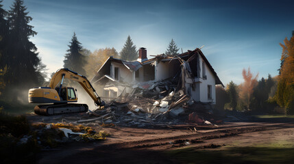 Demolition of building. The excavator breaks the old house. Freeing up space for construction of new building