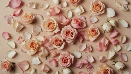 Charming romantic rose petal arrangement on pastel cream background. Minimal wedding or anniversary concept.