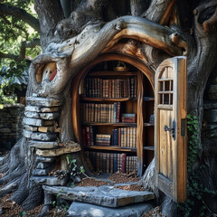Obraz premium Enchanting hidden door in a tree leading to a mysterious library