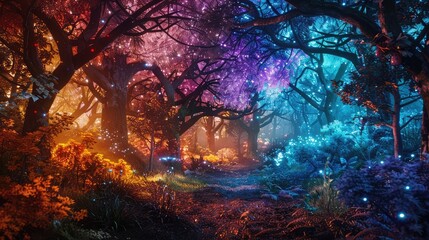 A surreal dreamscape featuring an otherworldly forest, where bioluminescent trees and exotic flora create a mystical landscape of vibrant colors and enchanting beauty.