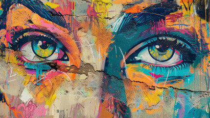 Vibrant graffiti eyes on a cracked urban wall, embodying street art