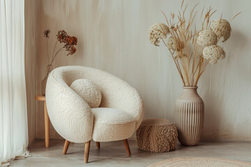 Living room interior with copy space, boucle armchair, vase with dried flowers, round pillow.