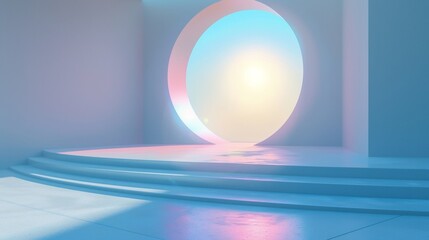 A serene stage design featuring a circular portal glowing with radiant light