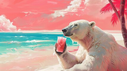 Polar bear sipping a cool drink, escaping the cold, on a tropical pink beach background, embodying relaxation - obrazy, fototapety, plakaty