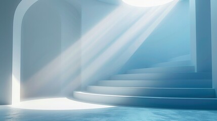 A minimalist event stage with a gentle white to blue gradient, bathed in a soft beam of light