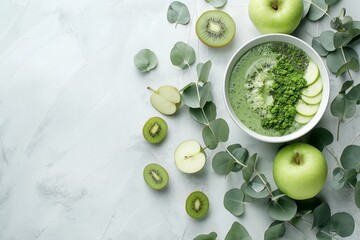 Bowl smoothie with spirulina, decorated green fruits: apple, kiwi, pear on a light background with eucalyptus branches. Flat lay, copy space for text. Concept: healthy food, vegan, gluten free