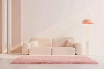 Peach lamp above beige couch and pink rug against plastic tubes in simple living room interior with copy space.