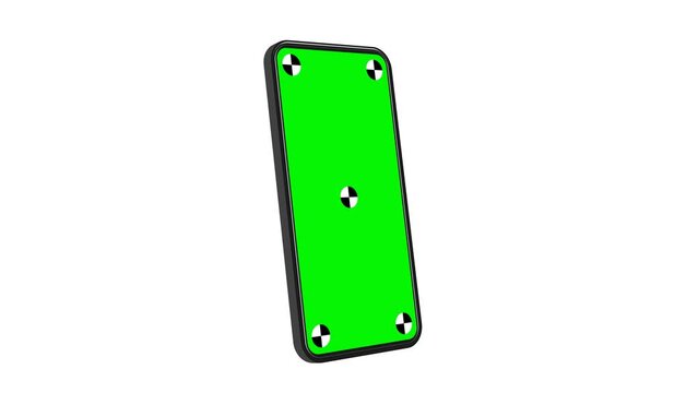 Mobile phone mockup rotation animation with green chroma key screen and motion tracking markers. File includes RGB and alpha channel for transparent background on video editing programs.